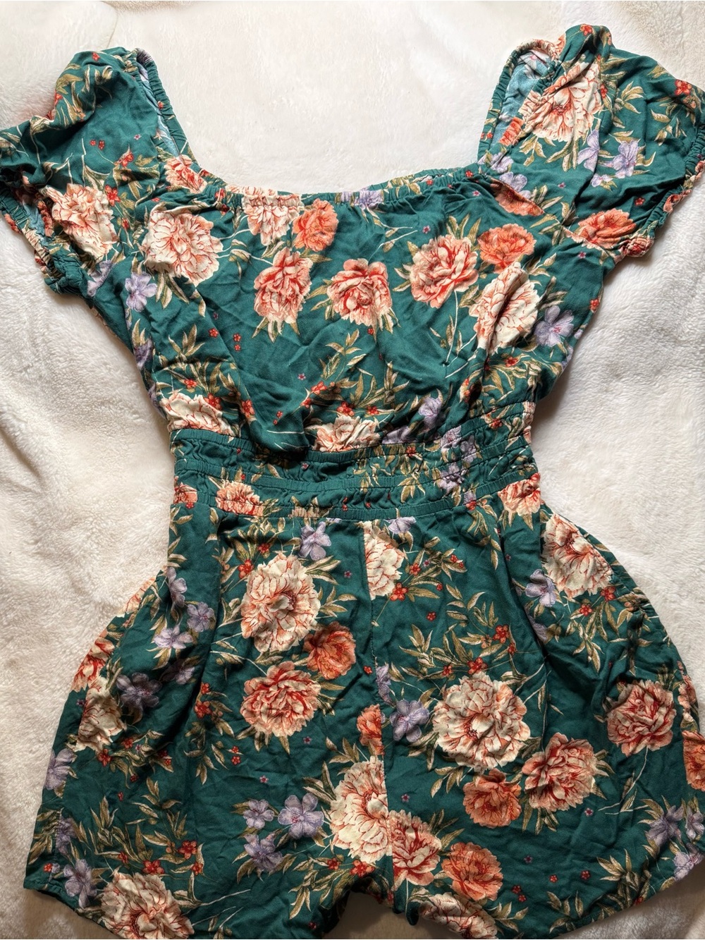 American Eagle XXL Teal Floral Puff Sleeve Romper Cottagecore Boho Romantic